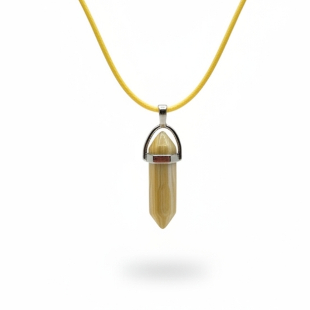 Boho Striped Yellow Agate Quartz Crystal Point Chakra Healing Pendant Necklace
